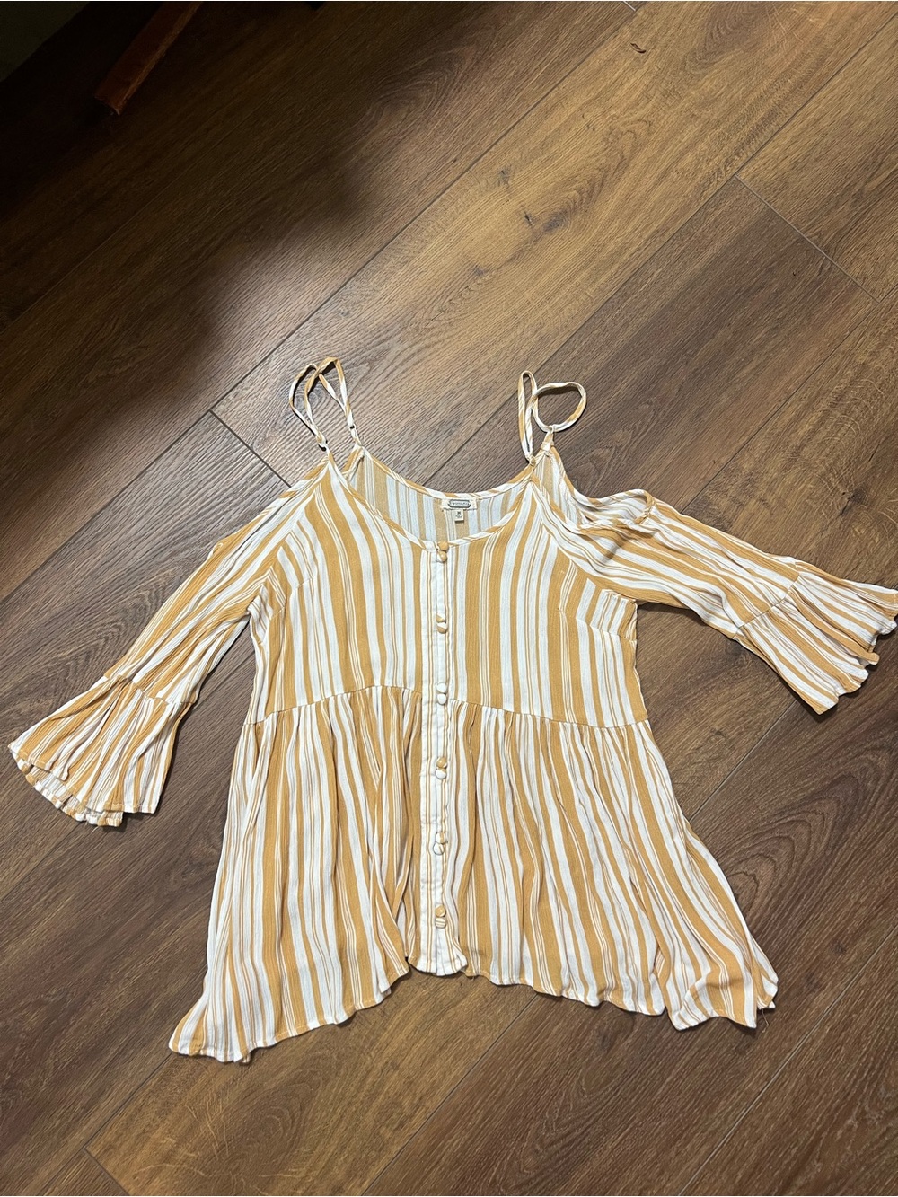 gimmicks by BKE Mustard and White Striped Cold-Shoulder Button-Front Top